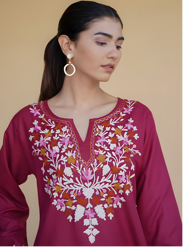 HOUSE OF KARI Floral Embroidered Notch Neck Kashmiri Aari Work Pure Cotton Short Kurta