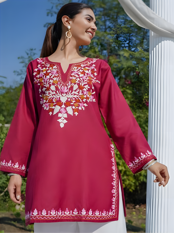HOUSE OF KARI Floral Embroidered Notch Neck Kashmiri Aari Work Pure Cotton Short Kurta