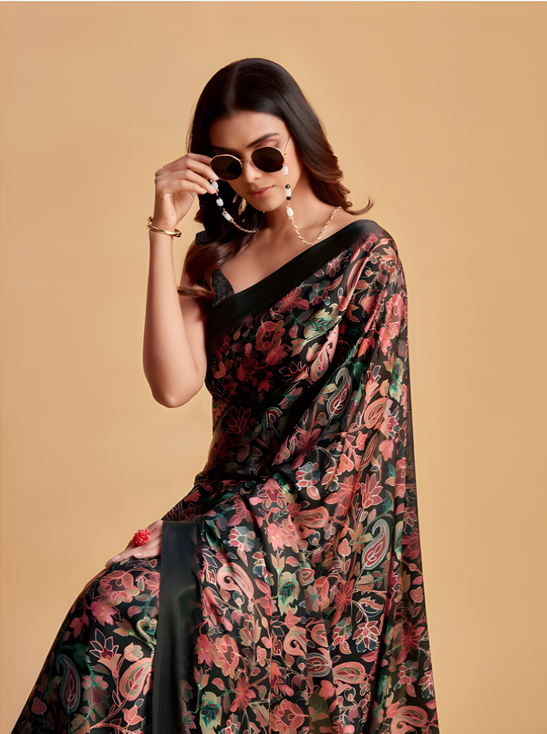 Charcoal and Pink Floral Satin Saree with Solid Border