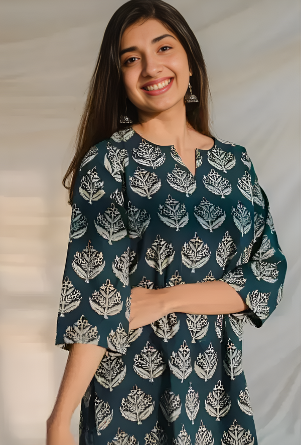 Elegant Teal Block Print Short Kurti – Soft Cotton Fabric