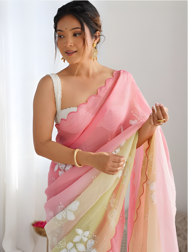 Pink Embellished Pure Chiffon Saree with Embroidered Border & Sequinned Detailing