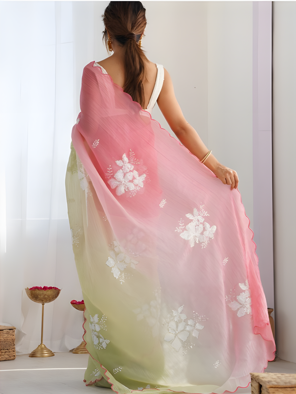 Pink Embellished Pure Chiffon Saree with Embroidered Border & Sequinned Detailing