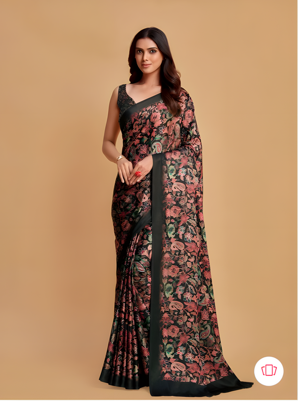 Charcoal and Pink Floral Satin Saree with Solid Border